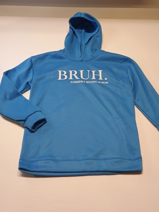 None Tops - BRUH Women's Size M Blue Hoodie with White Text